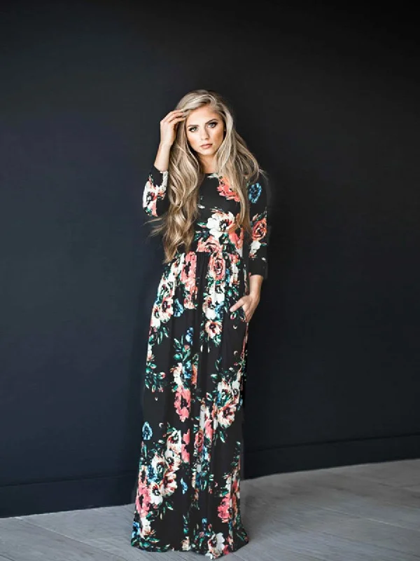 Long Sleeve Floral Print Belt Maxi Dress Elegant Boho Maxi Dress