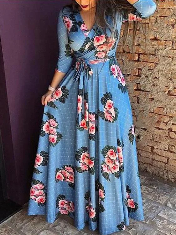 Long Sleeve Floral V Neck Slim Waist Maxi Dress with Belt Comfortable Maxi Dress with Belt