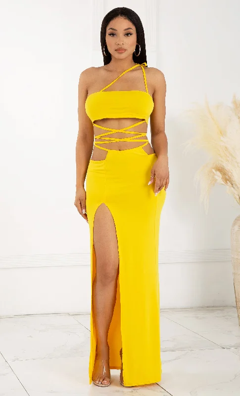 Love Myself Unconditionally Yellow Two Piece One Shoulder Casual Lace Up Wrap Cut Out Slit Front Maxi Dress Comfortable Bohemian Maxi Dress