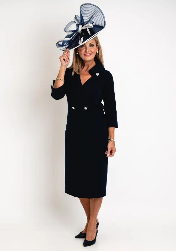 Claudia C Victoria Pencil Midi Dress, Navy Elegant Pleated Detail Midi Dress