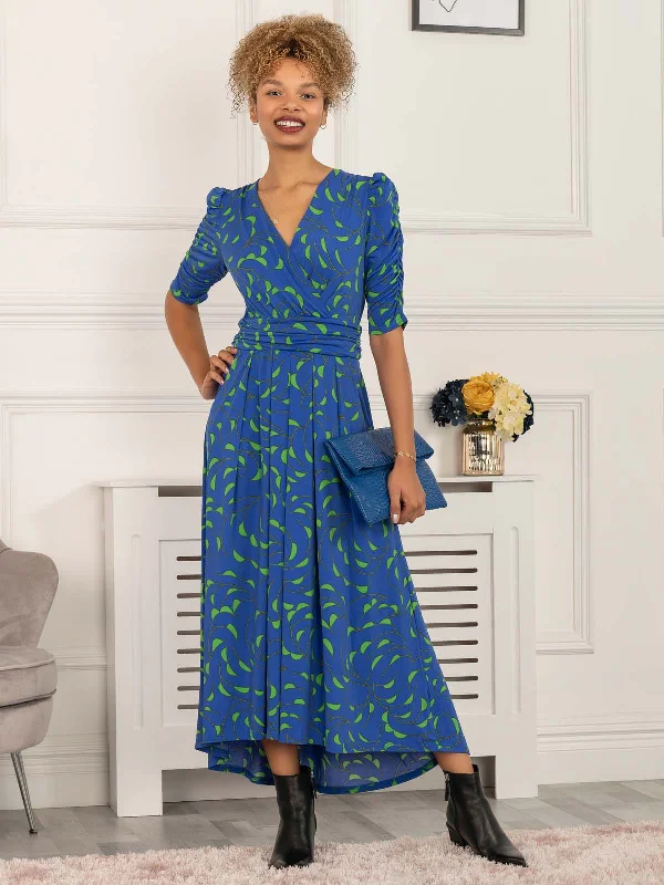 Maanasi Ruched Sleeve Jersey Maxi Dress, Blue Pattern Stylish Longline Maxi Dress