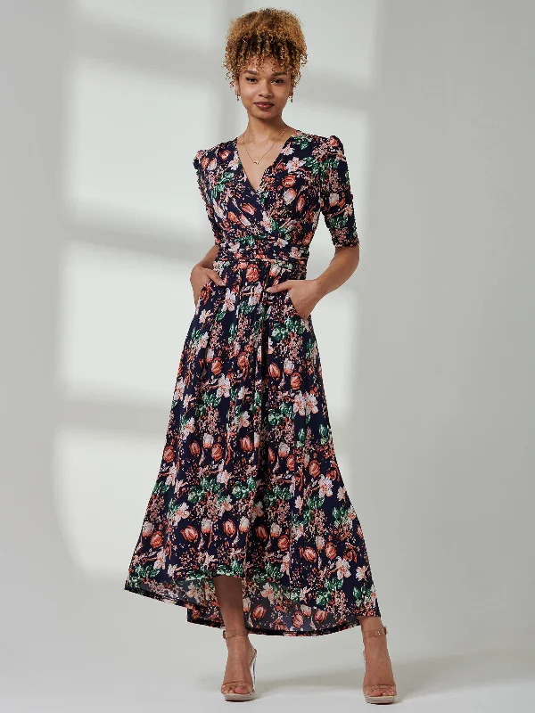 Maanasi Ruched Sleeve Jersey Maxi Dress, Navy Floral Comfortable Bohemian Maxi Dress