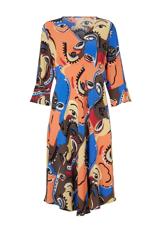 Masai Nita Artistic Print Midi Dress, Multi Fashionable Floral Embroidery Midi Dress