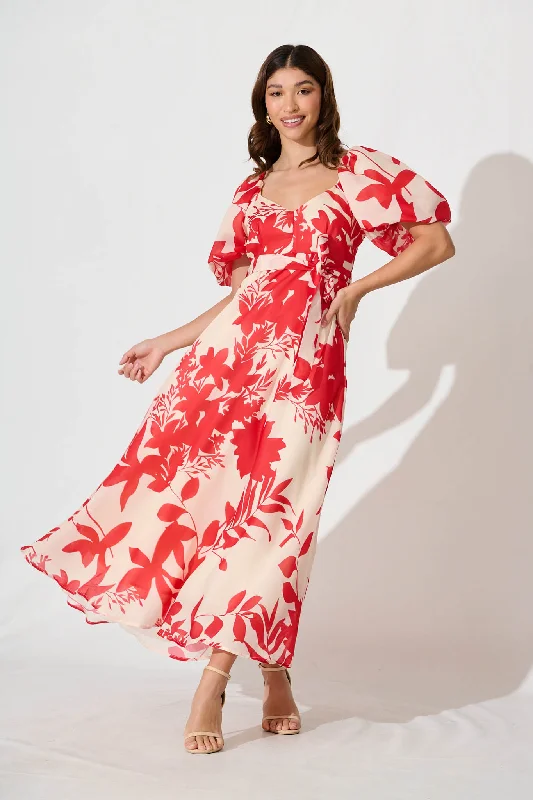 Medora Maxi Dress In Champagne With Red Floral Chic Button-Up Maxi Dress