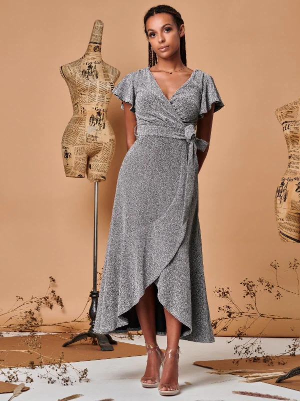 Metallic Effect Ruffle Hem Maxi Dress, Silver Chic Summer Maxi Dress