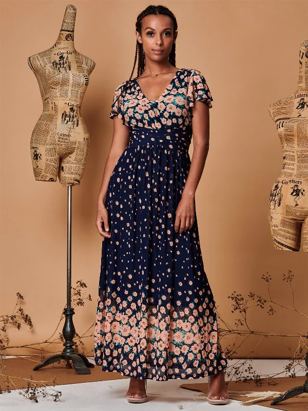 Mirrored Floral Print Mesh Maxi Dress, Navy Multi Stylish Boho Chic Maxi Dress