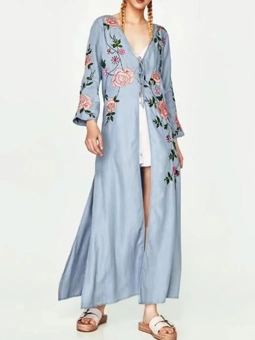 National Style Inwrought Floral-Print Long Short Sleeve V Neck Lace-Up Maxi Dress Trendy Short Sleeve Maxi Dress