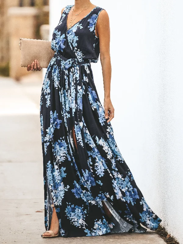 Navy Floral Sleeveless Diana Maxi Dress Stylish Pleated A-Line Maxi Dress