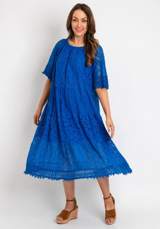 The Serafina Collection One Size Elasticated Neckline Midi Dress, Royal Blue Stylish Cold Shoulder Midi Dress