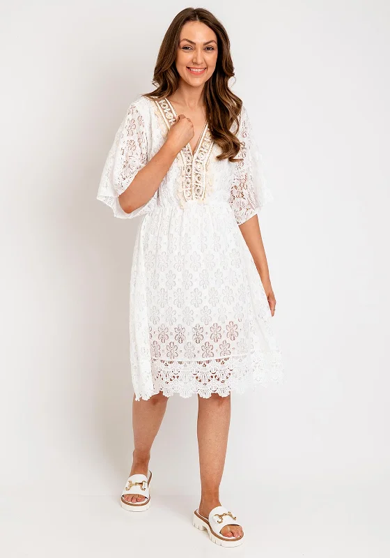 Serafina Collection One Size Lace Midi Dress, White Trendy Off-Shoulder Button Midi Dress