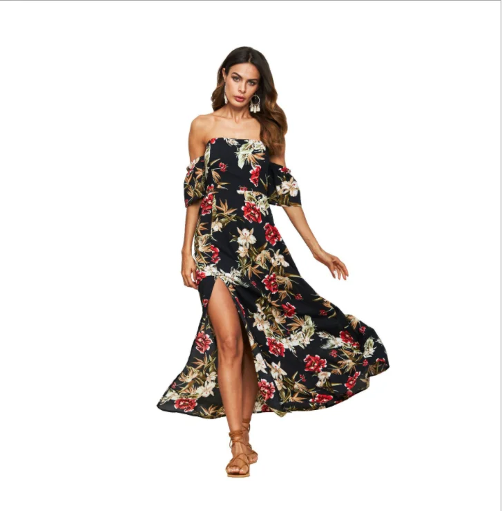 Off Shoulder Colorful Floral Printed Split Maxi Dress Elegant Maxi Dress with Belt