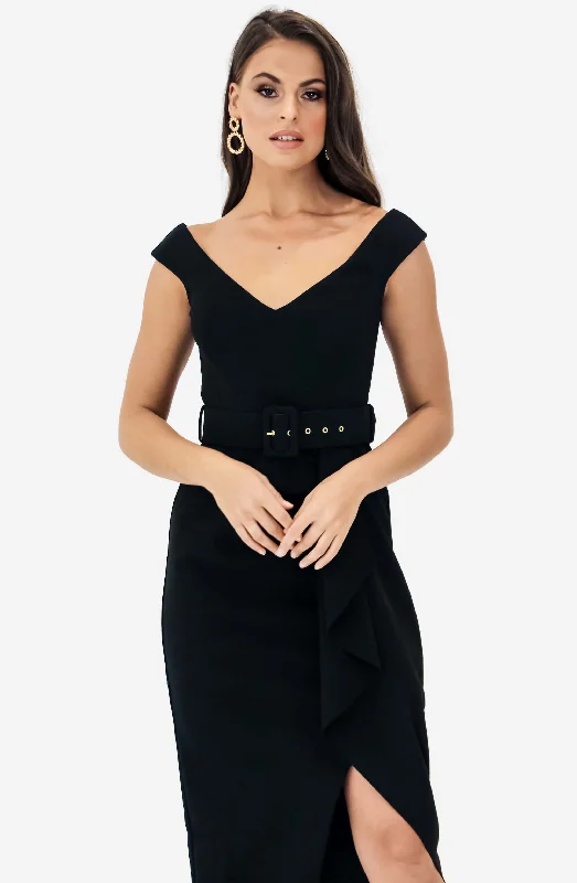 Dynasty Waterfall Black Midi Dress by Pasduchas Stylish Off-Shoulder Ruffle Dress