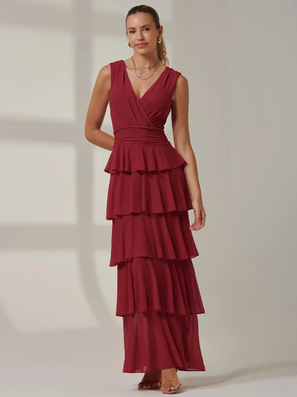 Plain Tiered Mesh Maxi Dress, Burgundy Elegant Wraparound Maxi Dress