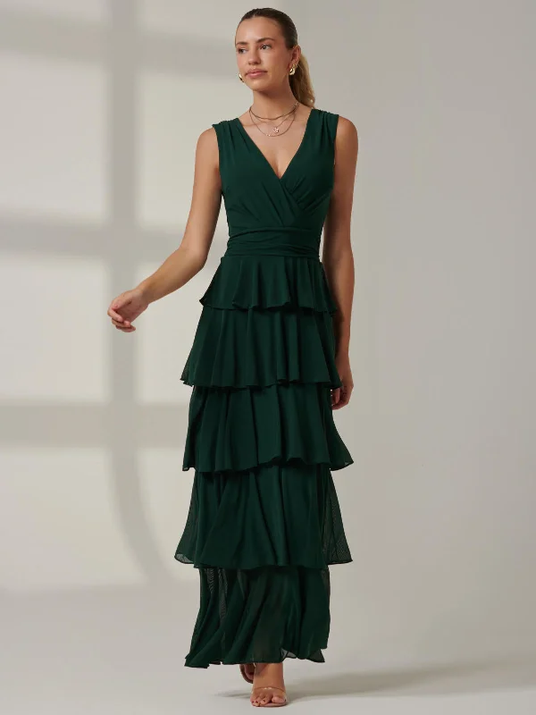 Plain Tiered Mesh Maxi Dress, Dark Green Cozy Spaghetti Strap Maxi Dress