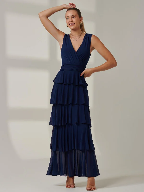 Plain Tiered Mesh Maxi Dress, Navy Chic Button-Up Maxi Dress