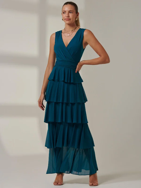 Plain Tiered Mesh Maxi Dress, Petrol Blue Stylish Off-Shoulder Maxi Dress