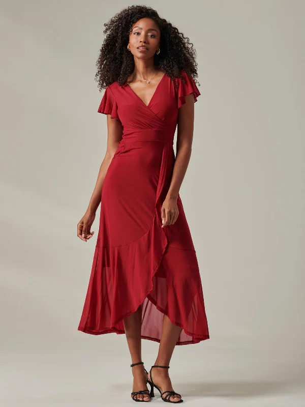 Plain Wrap Mesh Maxi Dress, Burgundy Stylish V-Neck Maxi Dress