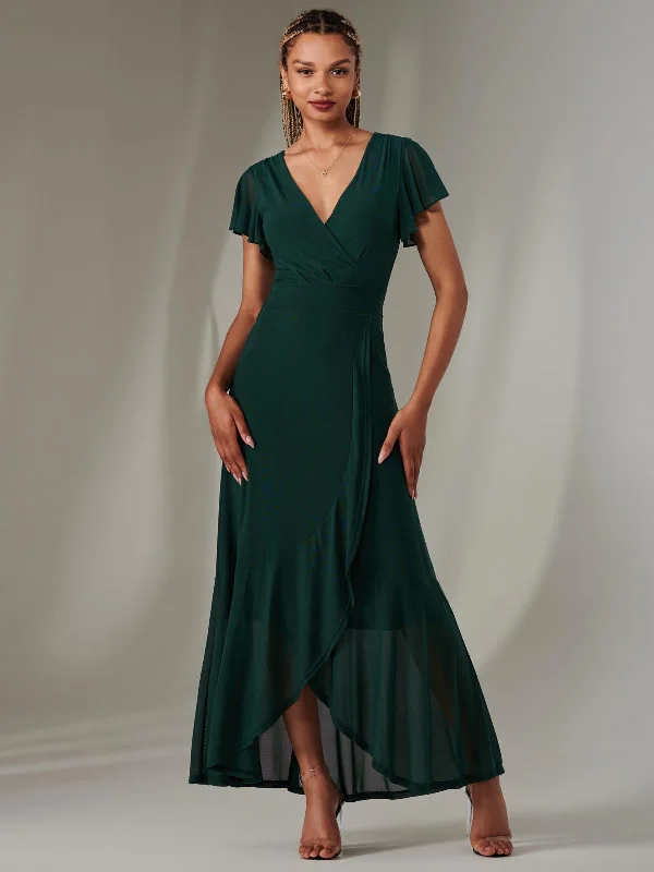 Plain Wrap Mesh Maxi Dress, Dark Green Trendy Button Front Maxi Dress