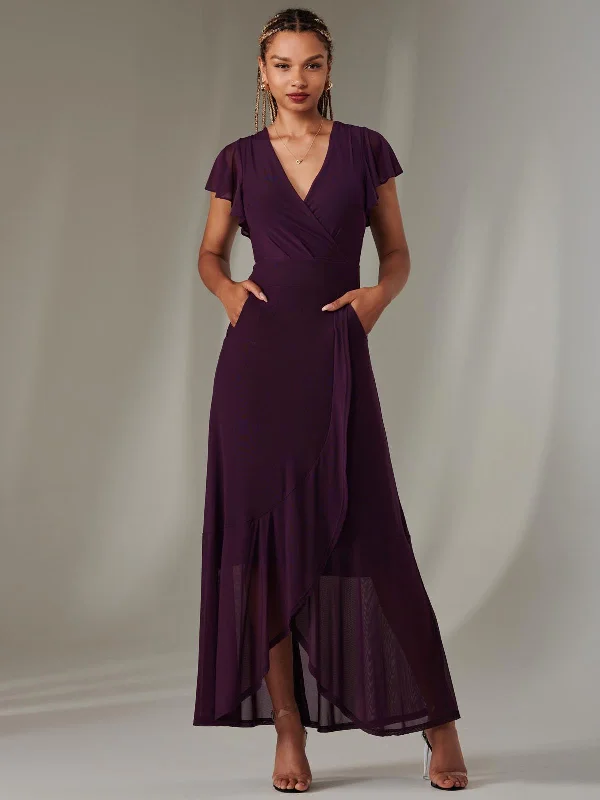 Plain Wrap Mesh Maxi Dress, Dark Purple Elegant Velvet Maxi Dress