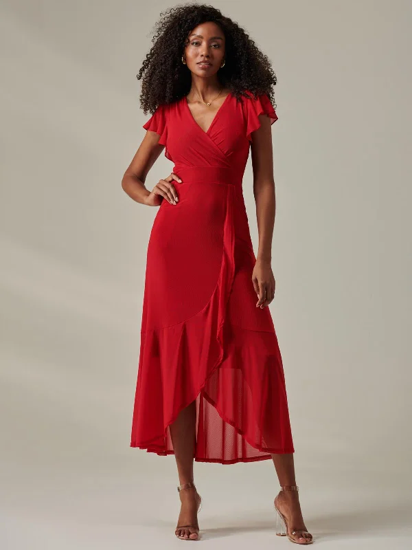 Plain Wrap Mesh Maxi Dress, Red Trendy Fit-and-Flare Maxi Dress