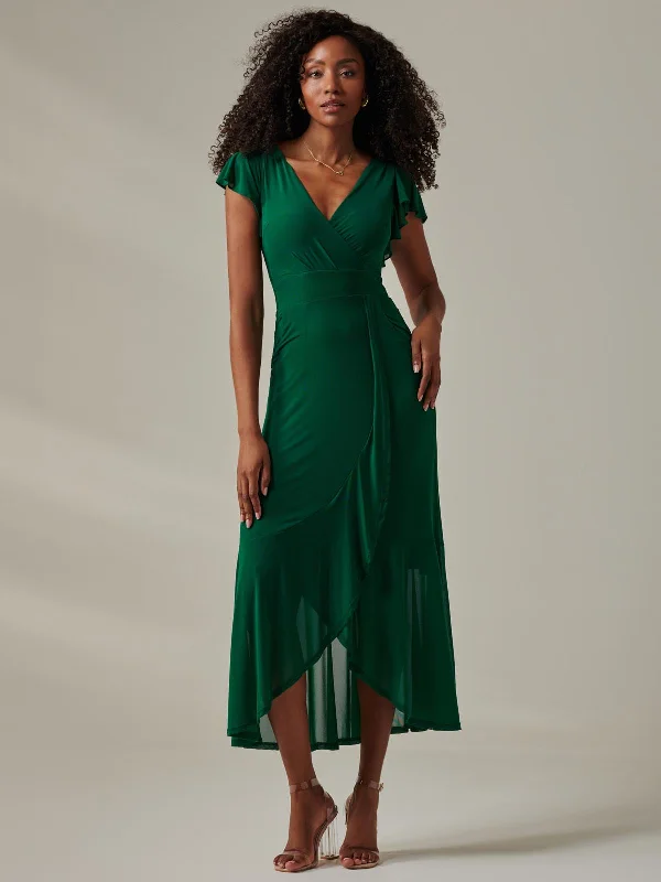 Plain Wrap Mesh Maxi Dress, Teal Stylish One-Shoulder Maxi Dress