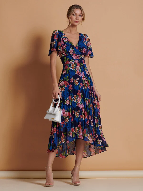 Pleated Chiffon High Low Maxi Dress, Navy Floral Comfortable Cotton Maxi Dress