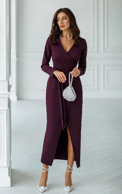 Plum Wrap Long Sleeve Collarless Maxi Dress Fashionable Chiffon Maxi Dress