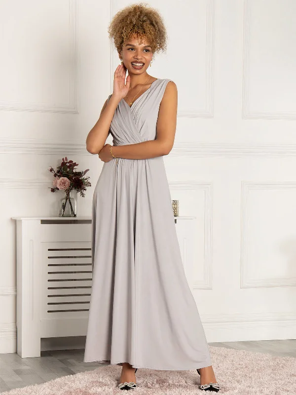 Plunge V Neck Draped Maxi Dress, Silver Grey Trendy Maxi Dress with Straps