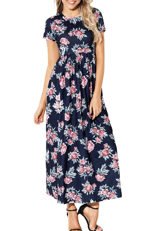 Pocket Design Short Sleeve Black Floral Maxi Dress Elegant Sleeveless Maxi Dress