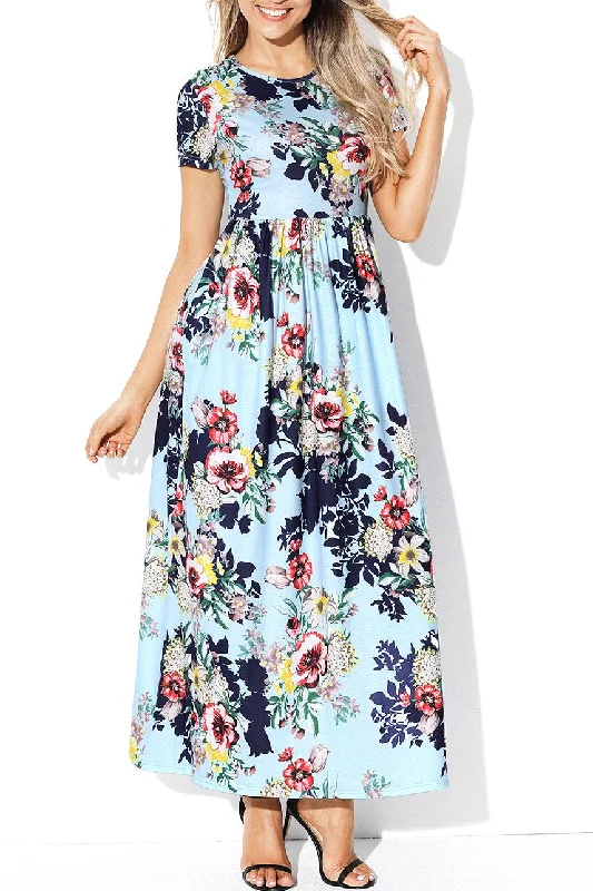 Pocket Design Short Sleeve Light Blue Floral Maxi Dress Cozy Longline Maxi Dress