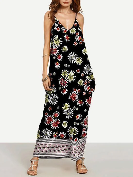 Pretty Black Floral Bohemia Spaghetti Straps V Neck Maxi Dress Stylish Button-Up Maxi Dress