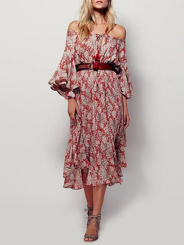 Pretty Bohemia Floral Off-shoulder Falbala Maxi Dress Cozy Cold-Shoulder Maxi Dress