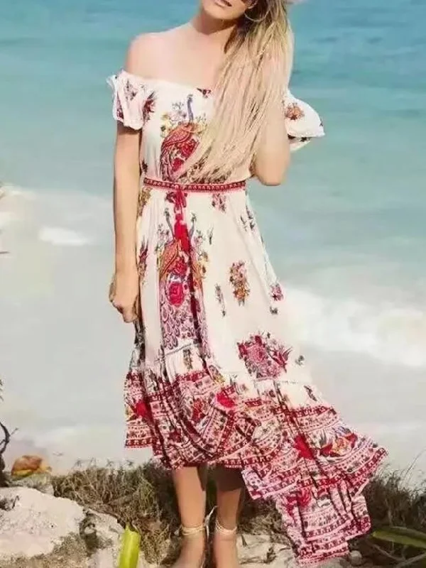 Pretty Bohemia Floral Off Shoulder Short Sleeve Beach Dress Maxi Dress Comfortable Ruffle Maxi Dress