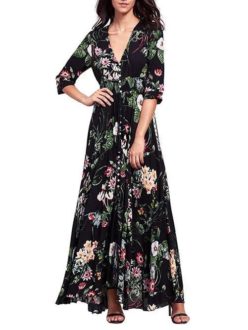 Pretty Bohemia Floral Printed V Neck Maxi Dress Classic Black Maxi Dress