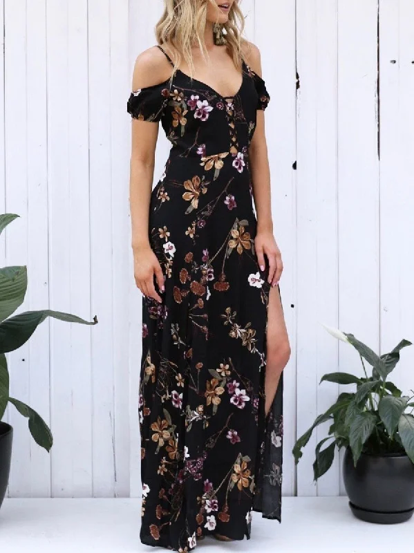 Pretty Floral Black Deep V Neck Off Shoulder Side Split Maxi Dress Cozy Knitted Maxi Dress