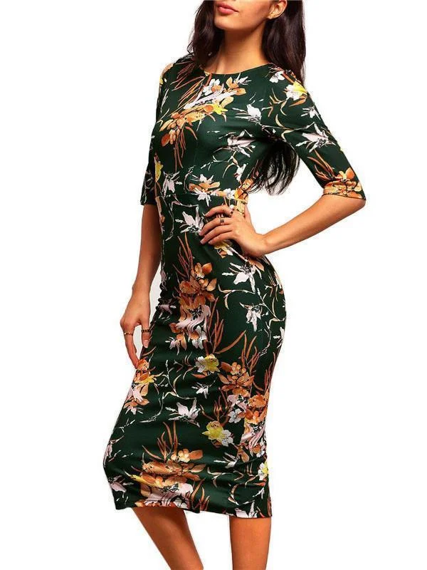 Pretty Floral Half Sleeve Round Neck Bodycon Maxi Dress Comfortable Maxi Dress with Slits