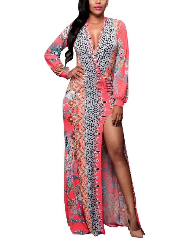 Pretty Floral V-neck Split-joint Floor Maxi Dress Stylish Long Sleeve Maxi Dress