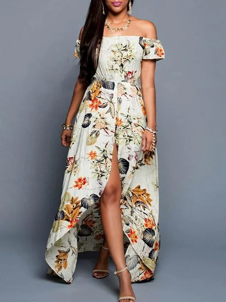 Pretty Sexy Floral-Print Short Sleeve Off-Shoulder Beach Maxi Dress Fashionable Sheer Maxi Dress