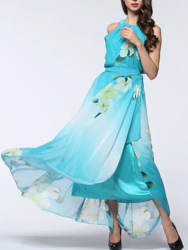 Pretty Sky Blue Floral Plus Size Sleeveless Halter Maxi Dress Chic Summer Maxi Dress