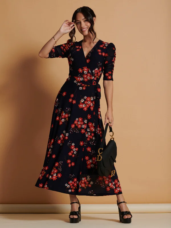 Qaliyah Wrap Front Mesh Maxi Dress, Navy Orange Floral Trendy Short Sleeve Maxi Dress