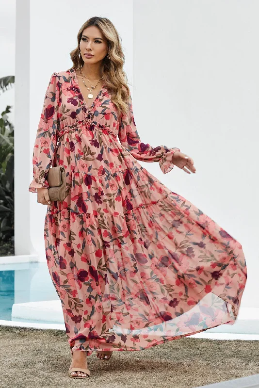 Red Floral Long Sleeve Maxi Dress Stylish Maxi Dress with Frills