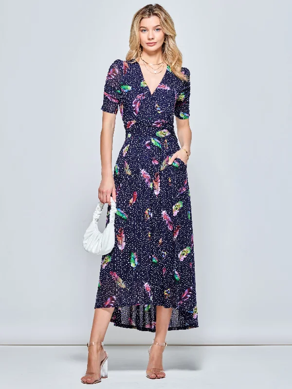 Ressie Dip Hem Maxi Dress, Navy Feather Comfortable Fit-and-Flare Maxi Dress