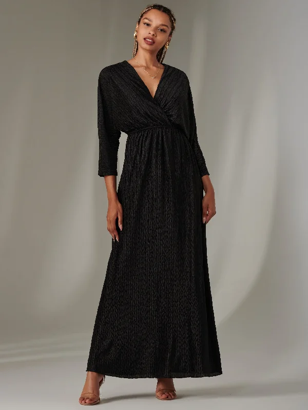 Ruffle Hem Textured Jersey Maxi Dress, Black Stylish Pleated A-Line Maxi Dress