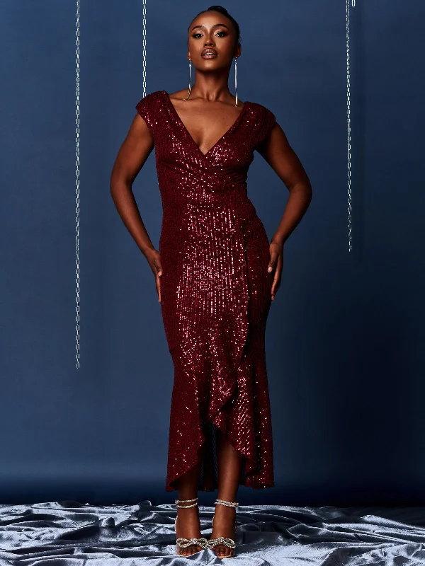 Sequin Wrap Fishtail Maxi Dress, Burgundy Cozy Spaghetti Strap Maxi Dress