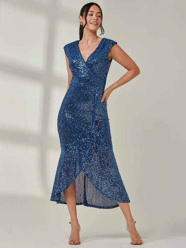 Sequin Wrap Fishtail Maxi Dress, Navy Comfortable Flowy Maxi Dress