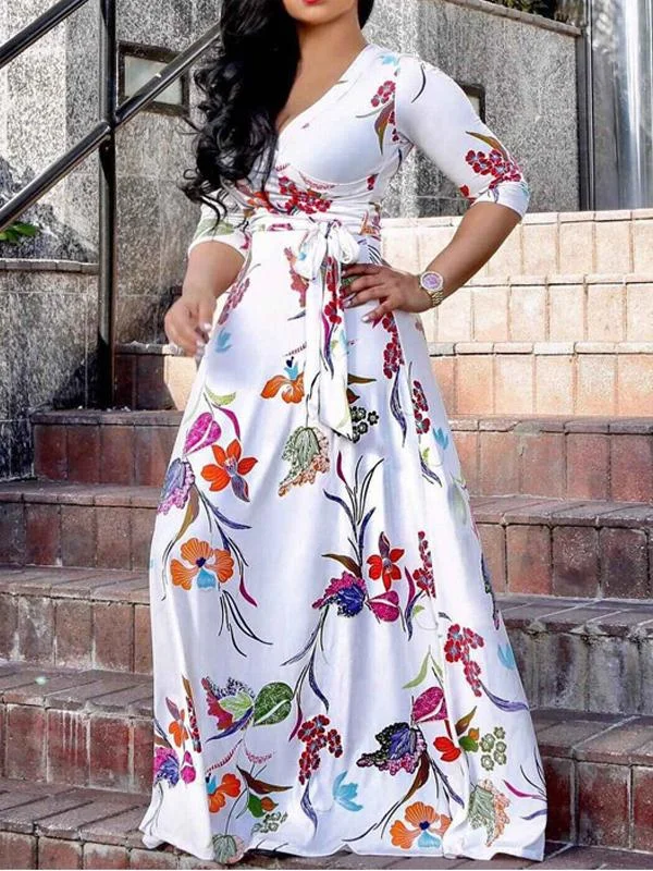 Sexy V Neck Floral Printed Big Swing Maxi Dress Elegant Tiered Maxi Dress