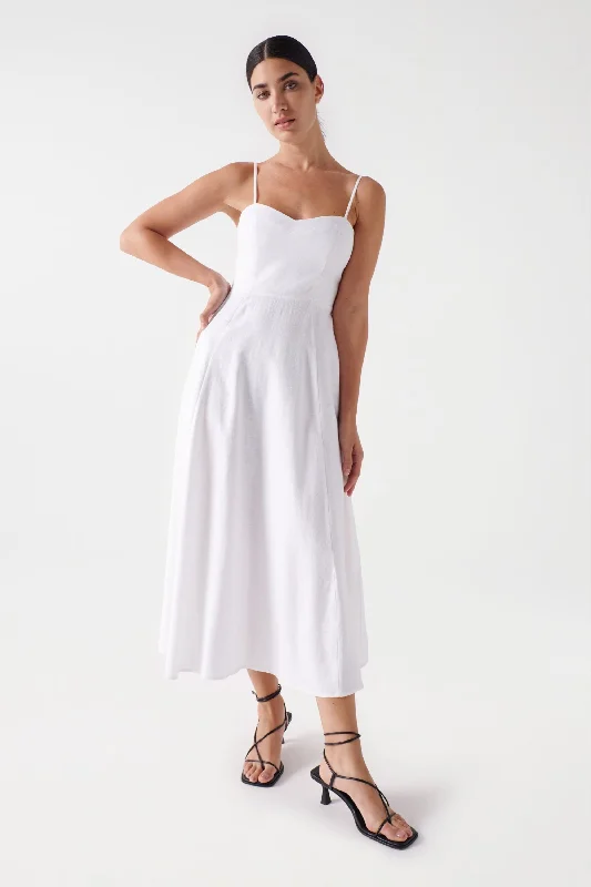 Salsa Linen Midi Dress, White Comfortable Lace-Up Midi Dress