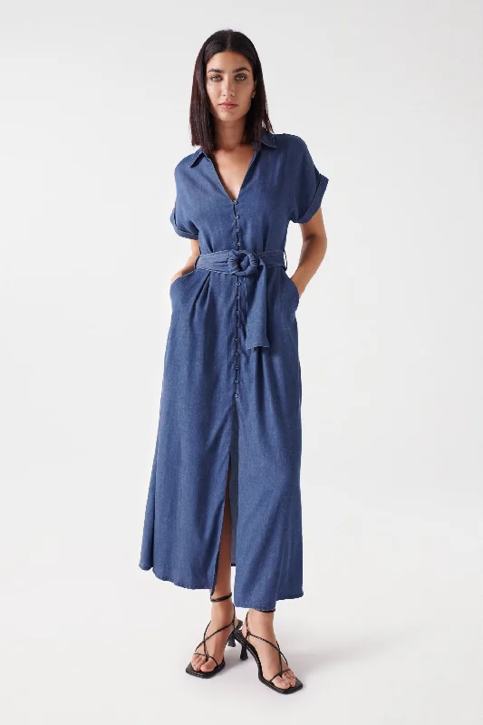 Salsa Belted Waist Midi Dress, Blue Denim Trendy Ruched Side Midi Dress