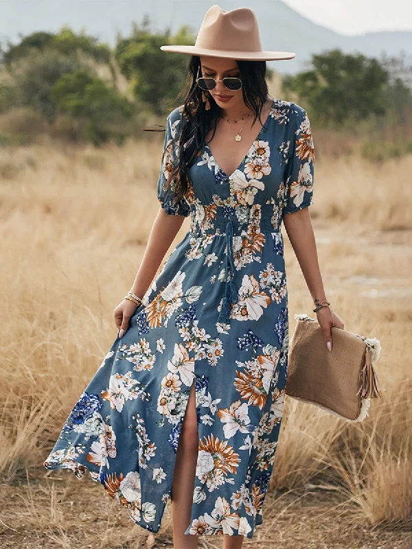 Short Sleeve V Neck Floral Side Split Maxi Dress Classic Solid Maxi Dress