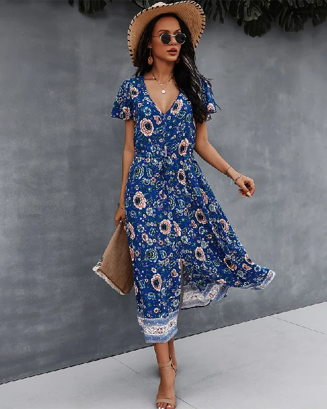 Side Split V Neck Floral Short Sleeve Maxi Dress Trendy Short Sleeve Maxi Dress